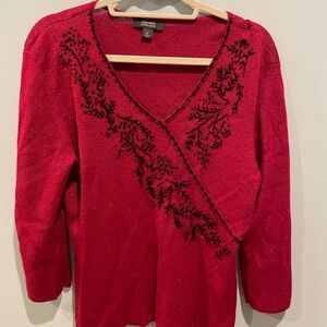 Dressbarn Red V-Neck Sweater with Black Beaded Embroidery